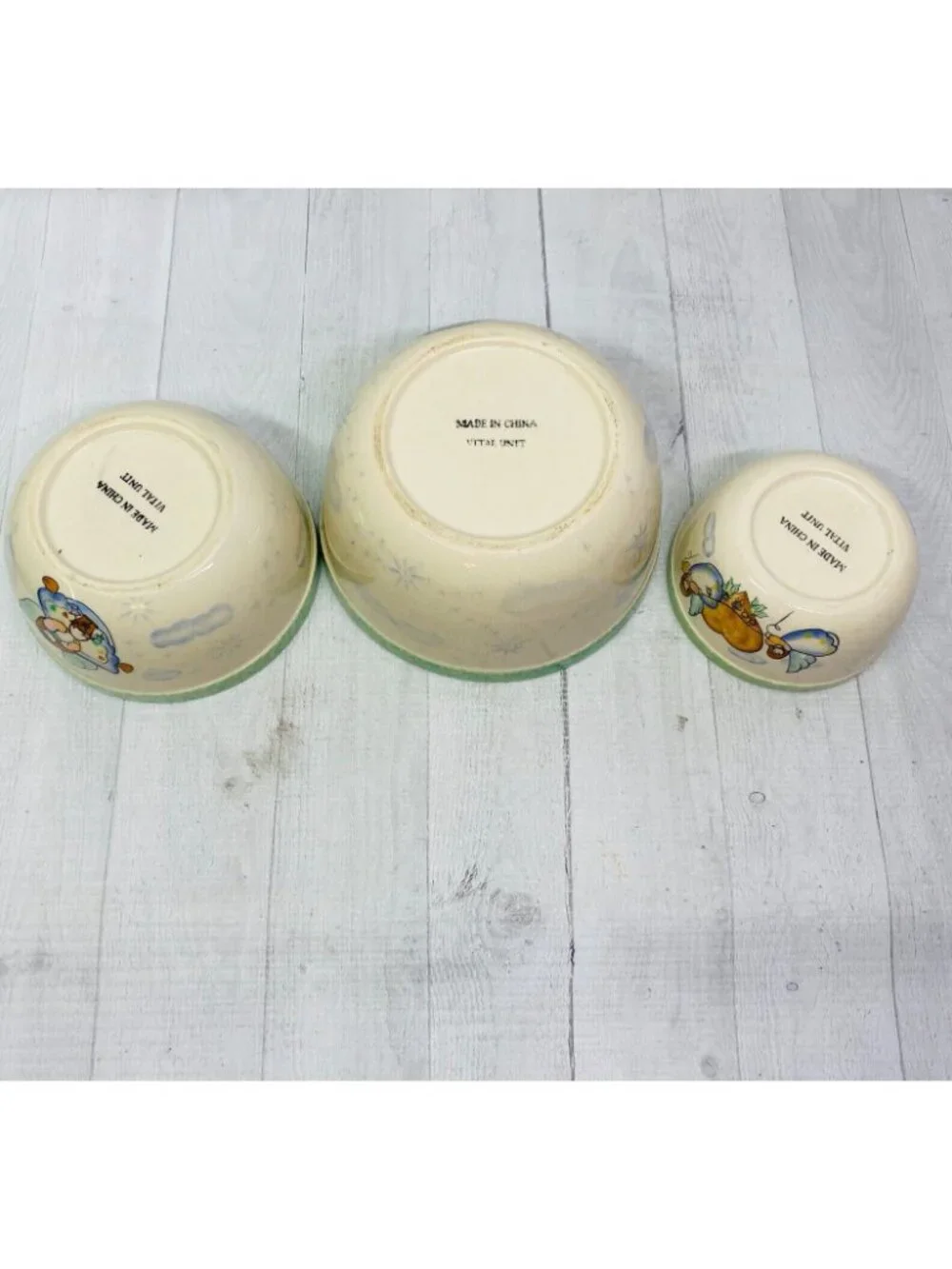 Vintage Vital Unit ANGELS GREEN SPONGE Clouds Stars Stoneware Nesting Bowl Set 3